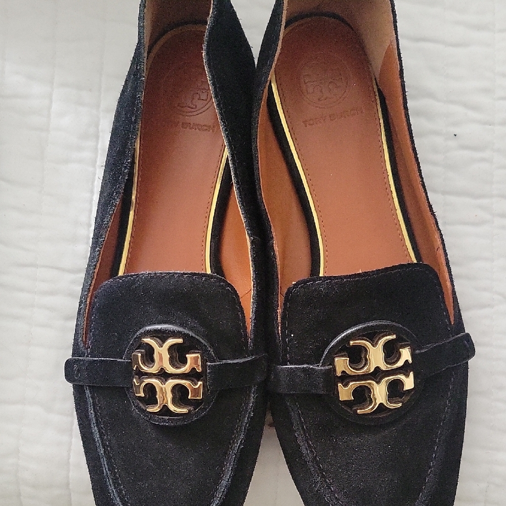 Tory Burch Black Suede Flats with Gold Logo